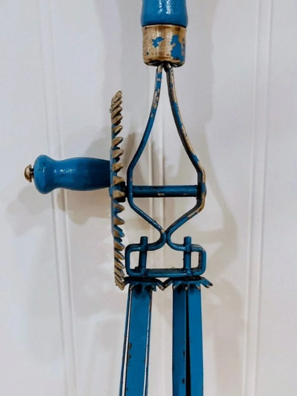 Vintage Blue A&J Super Center Drive Egg Beater Wood Handle Hand Mixer USA